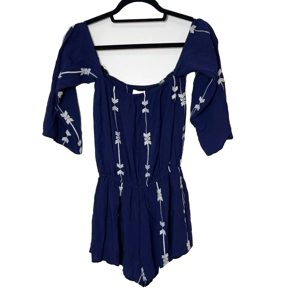 Exist Off The Shoulder Boho Romper Womens Size S Blue Elastic Waist Embroidered